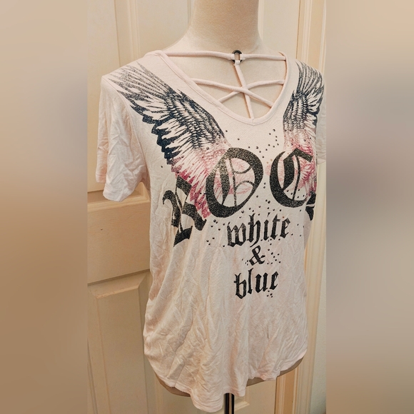 Y2K Rock & Republic Studded Rock White & Blue Graphic Tee w Strappy Neck Detail. - Picture 2 of 11